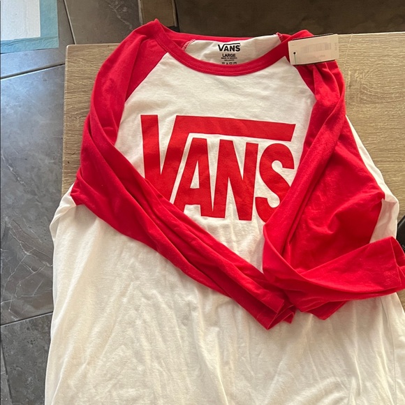 Vans Mens Long Sleeve Red and White Tee - Picture 2 of 2